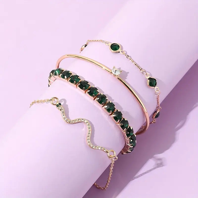 Set of 4: Fashionable Vintage Elegant Snake-Shaped Rhinestone Bracelet with Green Elastic Claw Chain and Open Bangle
