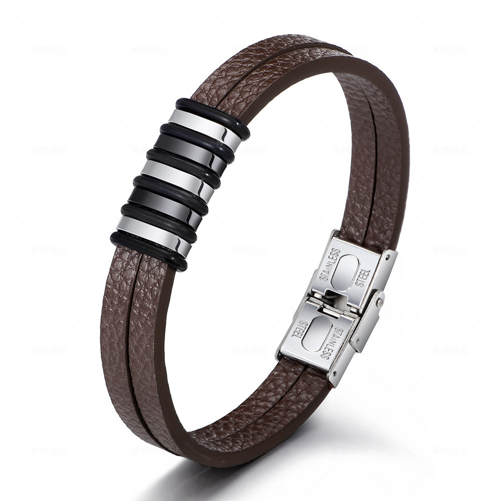 Stainless Steel Men’s Leather Bracelet – Original Simple Versatile Titanium Steel Jewelry