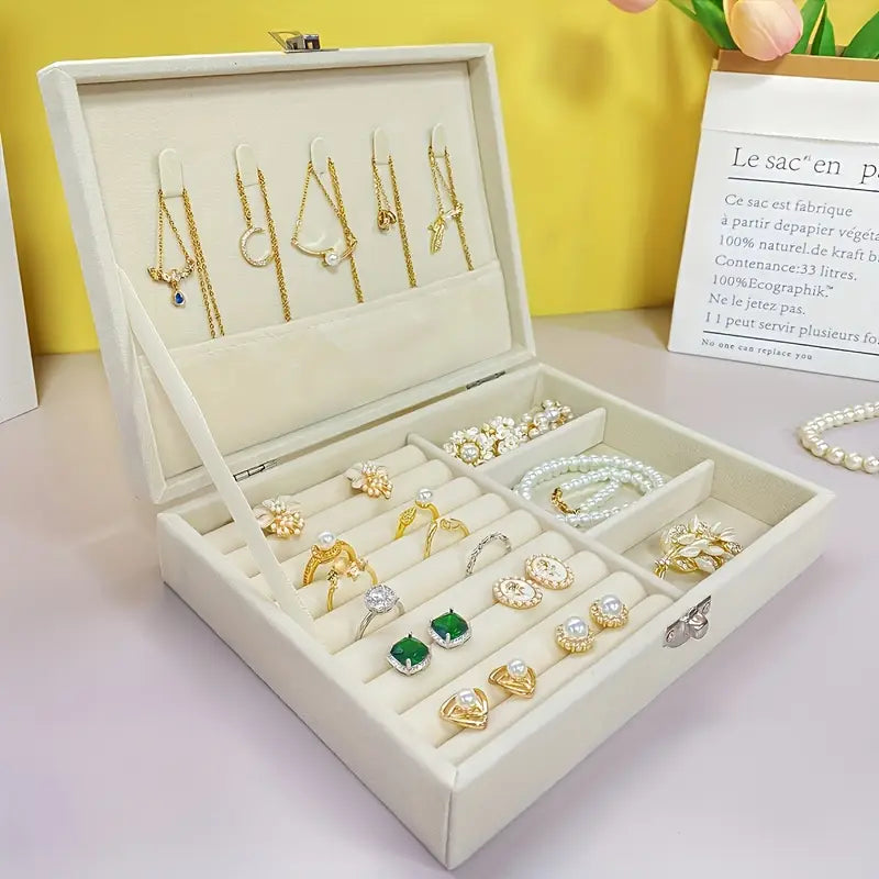 Elegant Vintage Fabric Jewelry Box with Lockable Lid – Cream Velvet-Lined Storage Organizer for Rings, Earrings & Necklaces