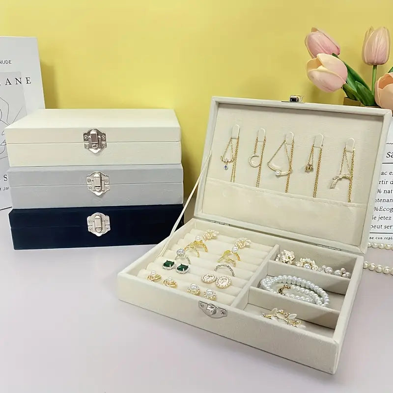 Elegant Vintage Fabric Jewelry Box with Lockable Lid – Cream Velvet-Lined Storage Organizer for Rings, Earrings & Necklaces