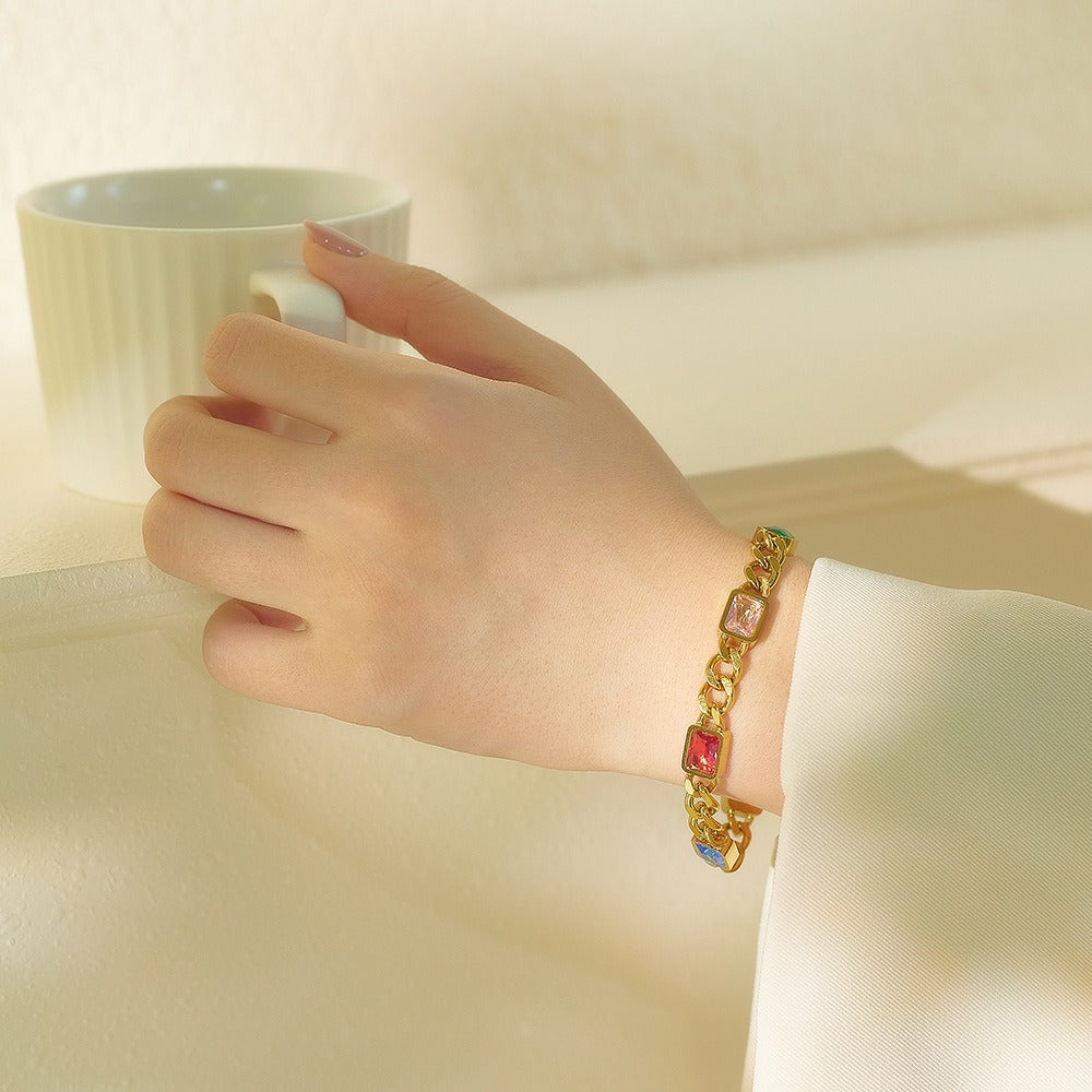 18K Gold Multicolored Gemstone Stainless Steel Bracelet – Luxury Vibrant Fashion Jewelry