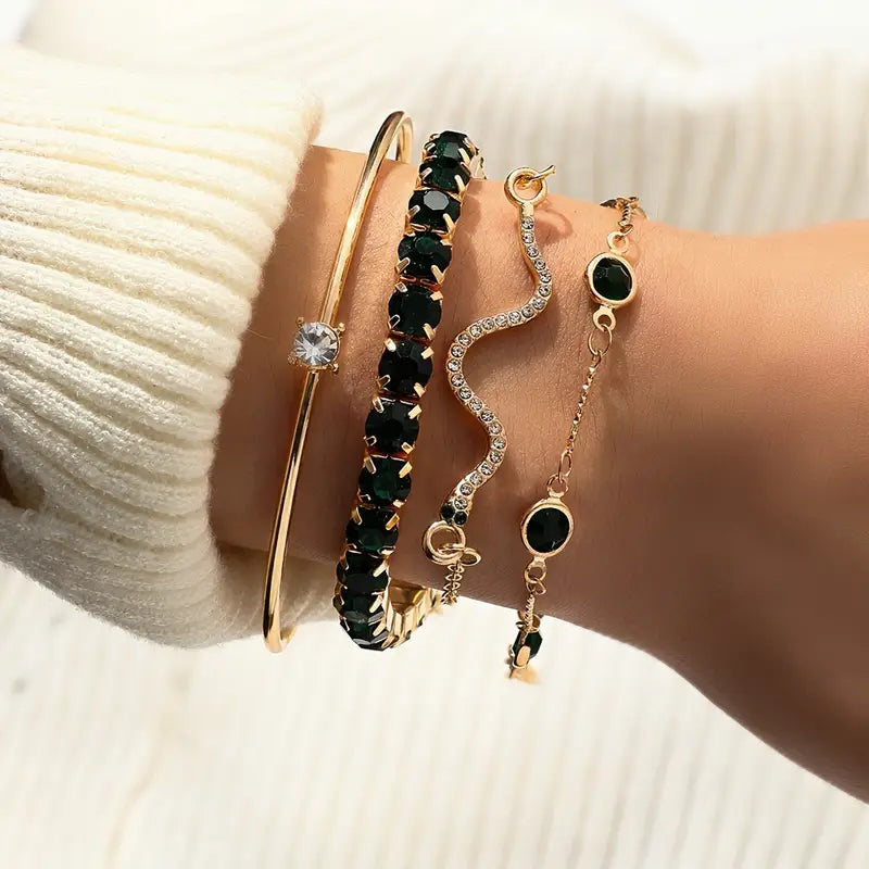 Set of 4: Fashionable Vintage Elegant Snake-Shaped Rhinestone Bracelet with Green Elastic Claw Chain and Open Bangle