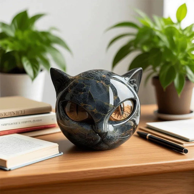 Black Cat Stone Statue – Resin Marble Texture Healing Stone Figurine for Home & Office Decor