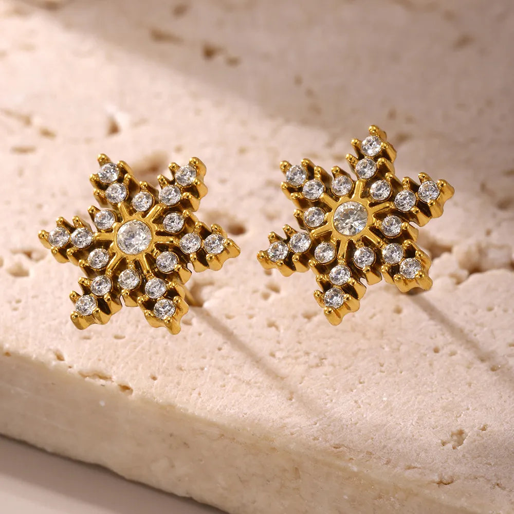 Stainless Steel Snowflake Stud Earrings Zircon – Elegant Sparkling Winter Jewelry Gift for Women