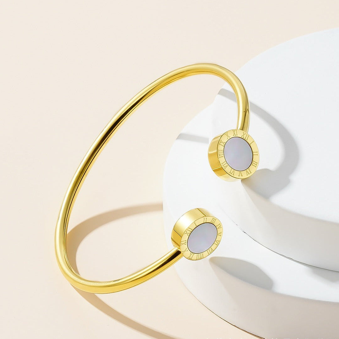 Stainless Steel Roman Mother-of-Pearl 18K Open Bracelet – Simple Luxury Women’s Jewelry