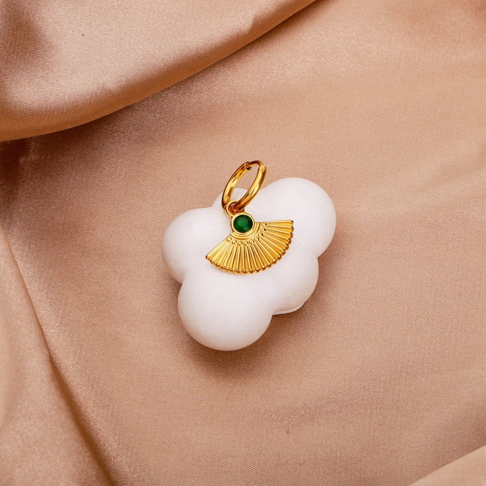 New Retro Round Green Zircon Fan Shaped Pendant Earrings – 18K Gold Stainless Steel Jewelry for Women