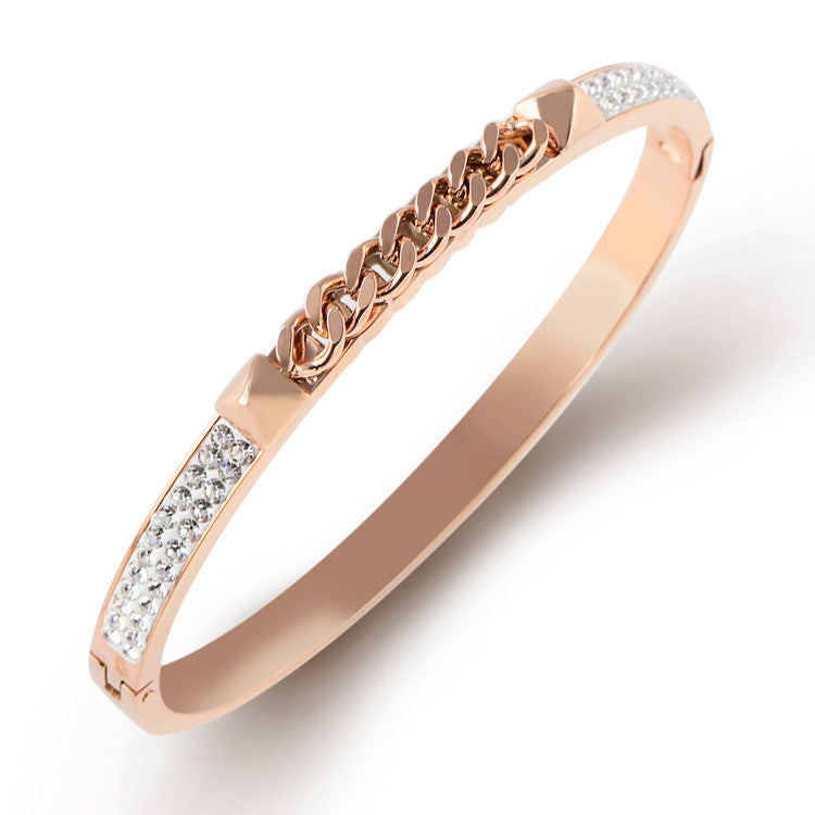 Rose Gold Open Diamond Stainless Steel Bracelet – Korean Light Luxury Temperament Jewelry for Women