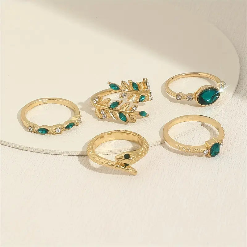 5pcs Green Stone Ring Set – Elegant Gold-Toned Jewelry Set