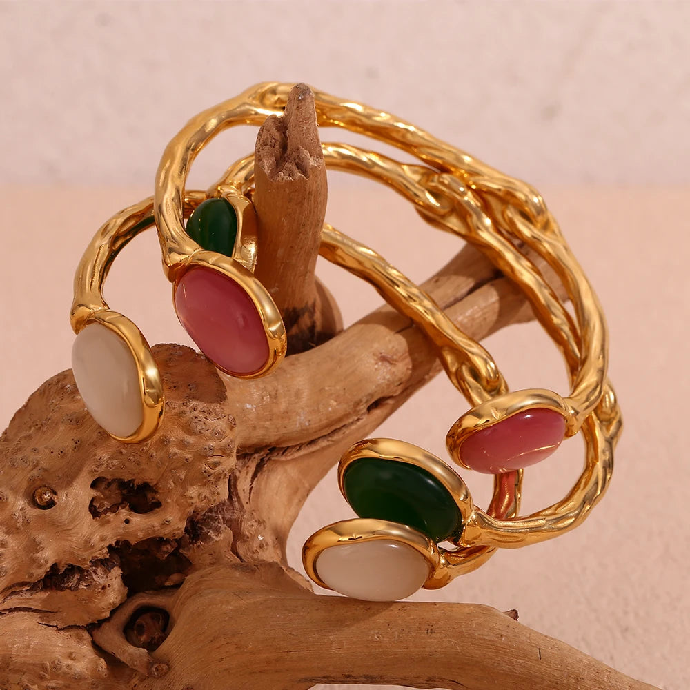 Oval Natural Stone Green Agate Pink Crystal 18K Gold Plated Bracelet – Luxury Women’s Jewelry