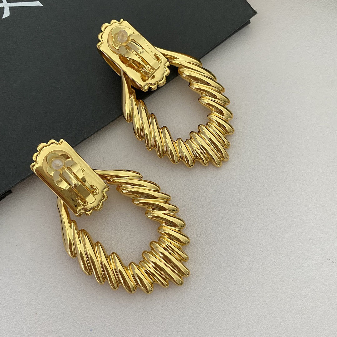 Vintage Brass Plated 18K Gold Exaggerated Ear Clip Earrings – Luxury Designer Jewelry for Women