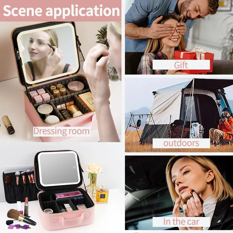 Light Up Box Vanity Organizer Portable Makeup Bag Mirror with LED Light – Travel Cosmetic Storage Case