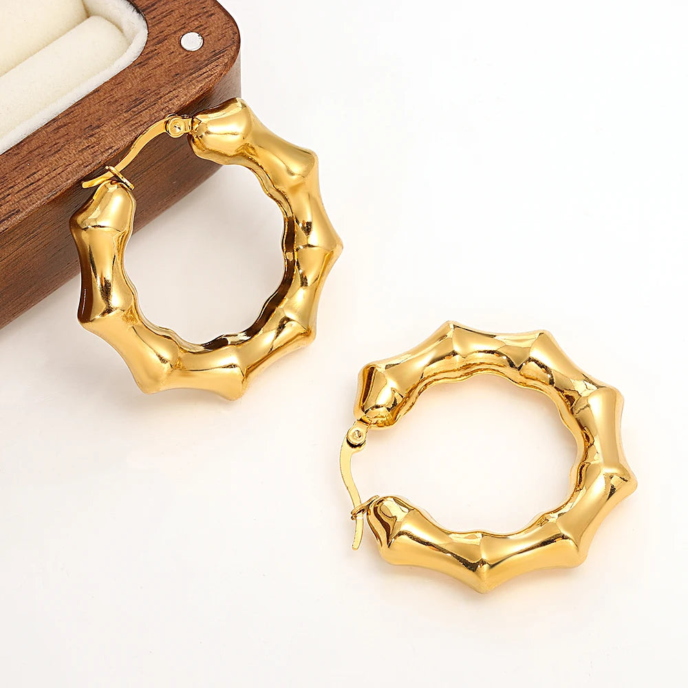 Bamboo Stainless Steel Hoop Earrings for Women – Chunky Thick Gold Color Hoops, Unique Charm Jewelry Gift