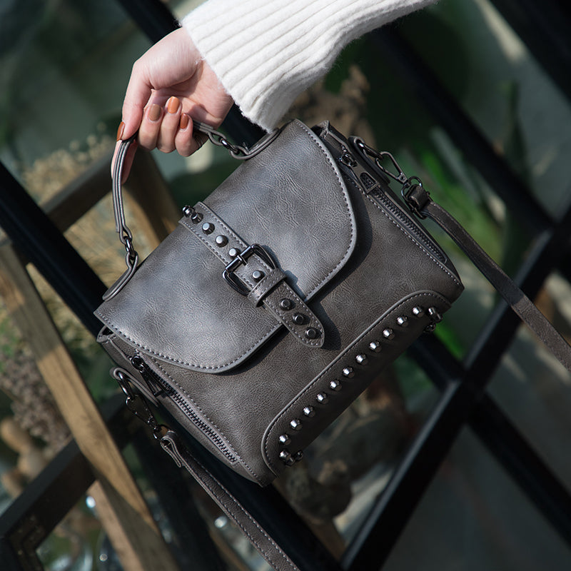 White Vintage Oil Leather Luxury Handbags – Designer Crossbody & Rivet Small Handbag for Women