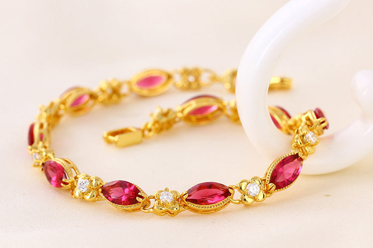 24K Gold Flower Ruby Bracelet – European Luxury Women’s Fashion Jewelry Design