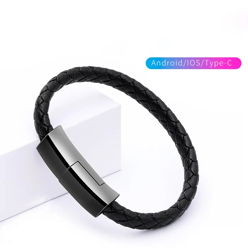 USB Leather Bracelet Charger – Men’s Stainless Steel Magnetic Fast Charging Punk Bracelet