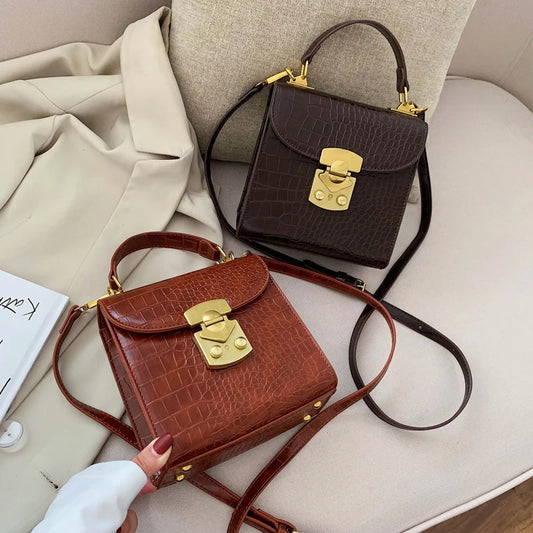 Mini Stone Pattern PU Leather Crossbody Bags for Women – Designer Lock Shoulder Bag, Simple Travel Handbag