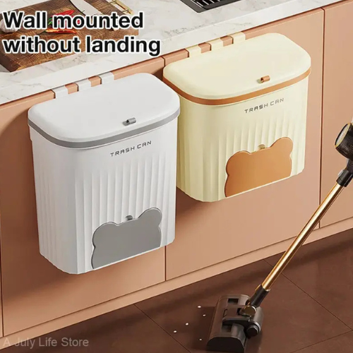 12L Wall-Mounted Kitchen Trash Can with Odor-Blocking Lid – Compact Wastebasket with Squeegee & Bag Storage Box for Cabinets, Under Sink & Counter tops