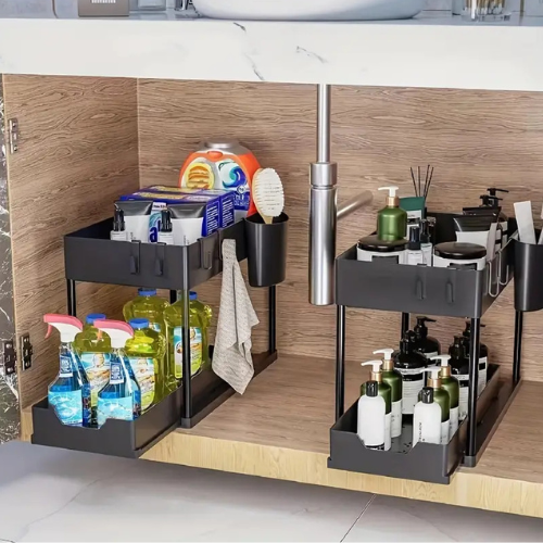 2-Tier Sliding Under Sink Organizer with Metal Frame – Multi-Purpose Storage Basket for Kitchen & Bathroom (Black/White)
