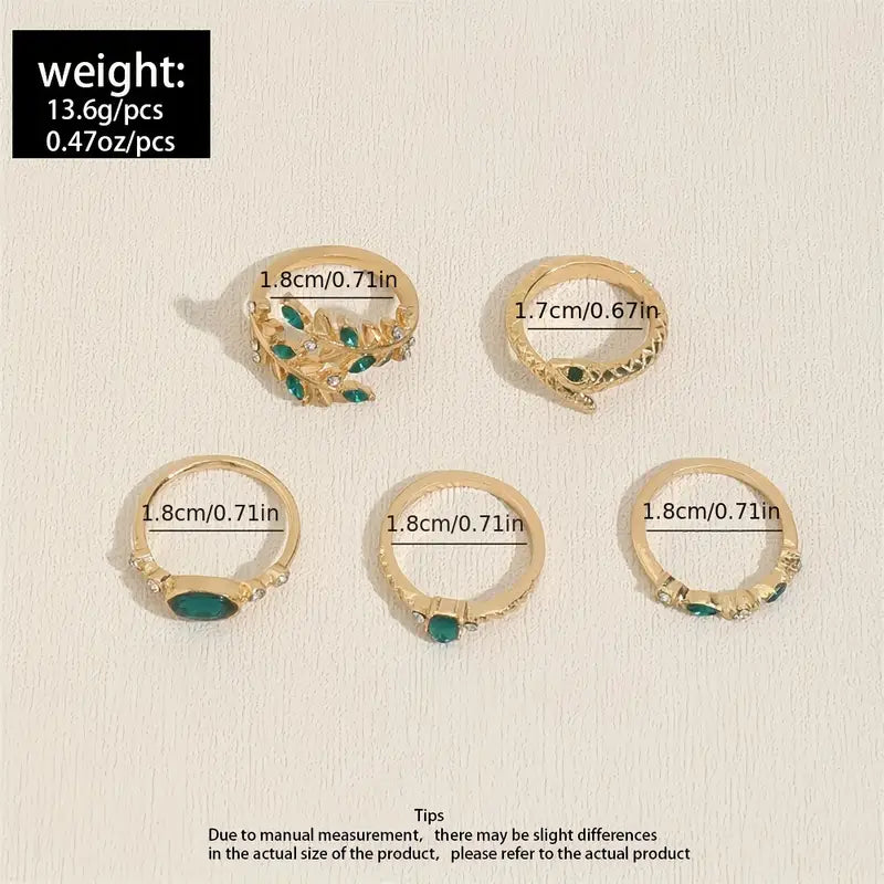 5pcs Green Stone Ring Set – Elegant Gold-Toned Jewelry Set
