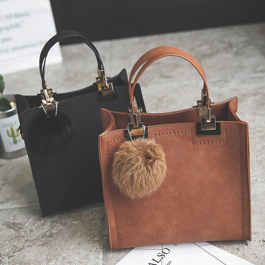 Luxury Suede Leather Handbag for Women – Casual Tote Bag, Large Shoulder & Messenger Bag, High-Quality Women’s Handbag with Fur Ball