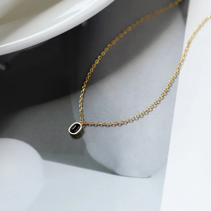 925 Sterling Silver Black Agate Pendant Necklace – 18K Gold Plated Korean Clavicle Chain