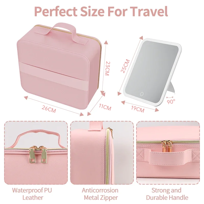 Light Up Box Vanity Organizer Portable Makeup Bag Mirror with LED Light – Travel Cosmetic Storage Case