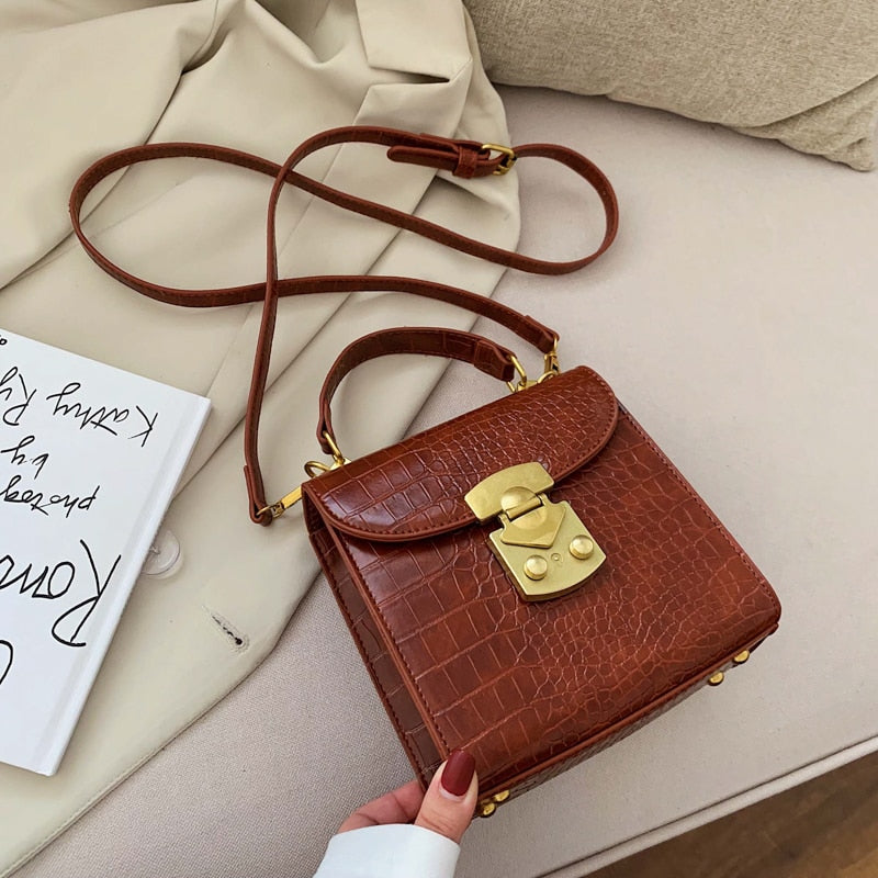 Mini Stone Pattern PU Leather Crossbody Bags for Women – Designer Lock Shoulder Bag, Simple Travel Handbag