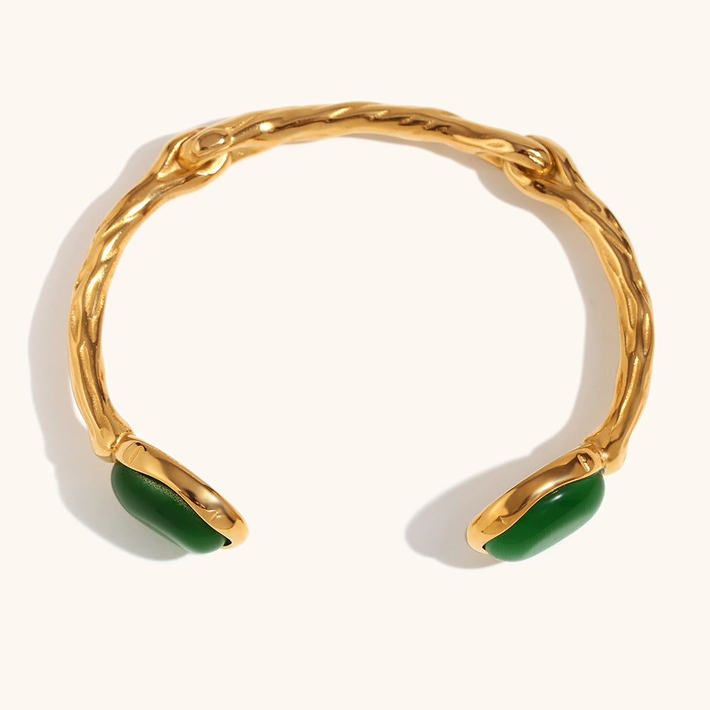 Oval Natural Stone Green Agate Pink Crystal 18K Gold Plated Bracelet – Luxury Women’s Jewelry