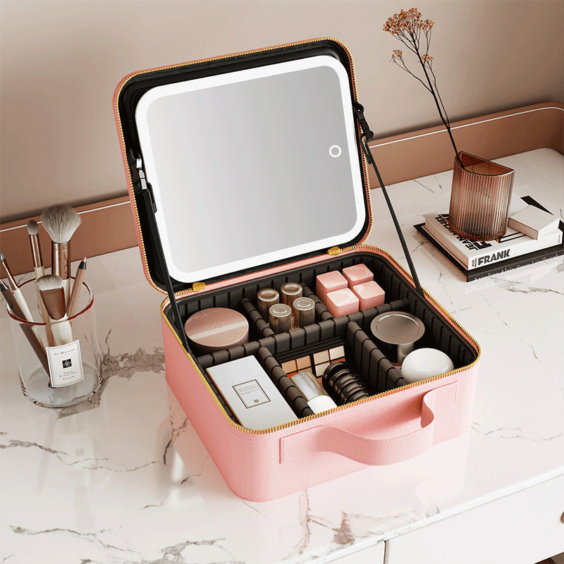 Light Up Box Vanity Organizer Portable Makeup Bag Mirror with LED Light – Travel Cosmetic Storage Case
