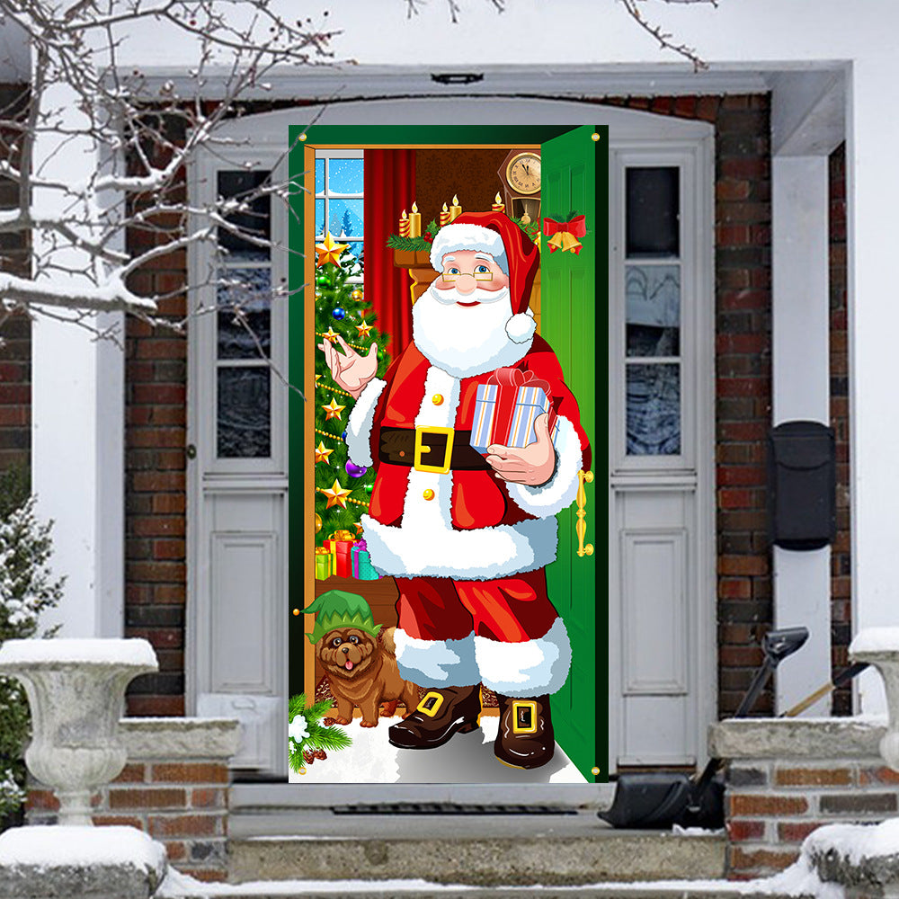 Christmas Door Curtains & Flags – Santa Claus & Puppies Hanging Cloth Background Decoration