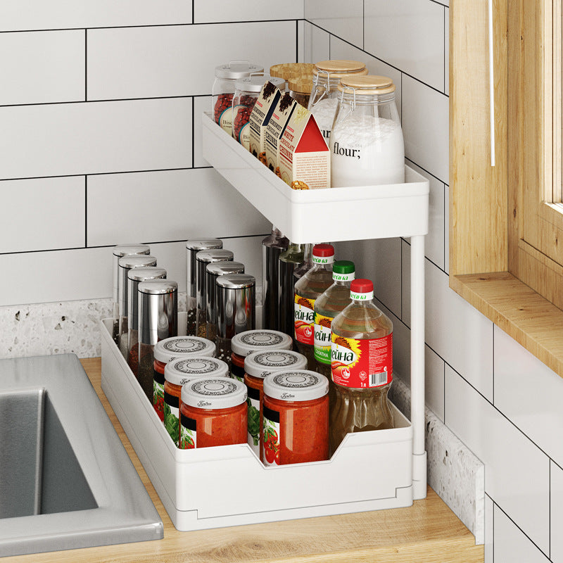 L-Shaped Kitchen Sink Storage Rack – Pull-Out Cabinet Organizer with Detachable Drawer Basket