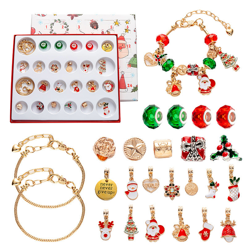 DIY Creative Children’s Bracelet Jewelry – 24-Grid Calendar Christmas Holiday Surprise Blind Box Silver Set