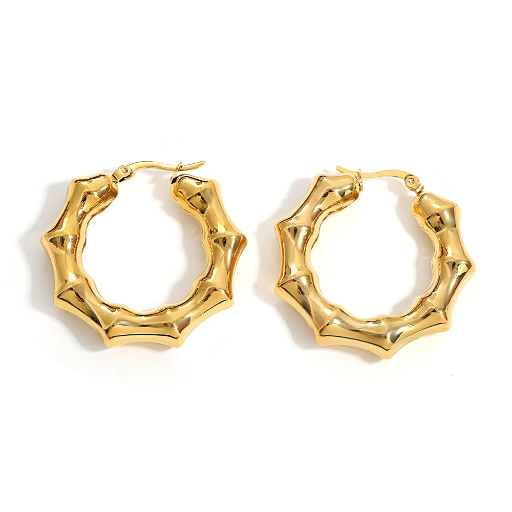 Bamboo Stainless Steel Hoop Earrings for Women – Chunky Thick Gold Color Hoops, Unique Charm Jewelry Gift