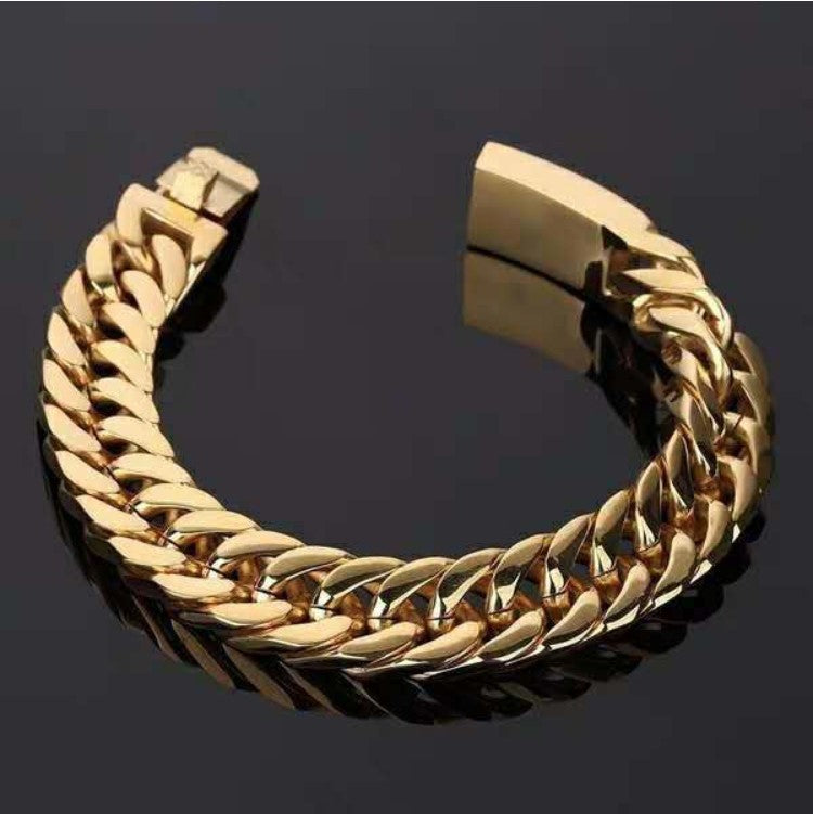 Fashionable 18K Gold Plated Men’s Electroplated Alloy Double Buckle Bracelet – Luxury Jewelry