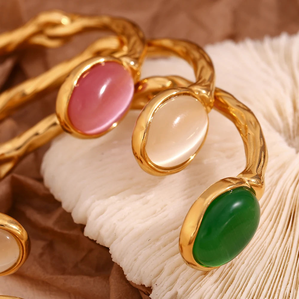 Oval Natural Stone Green Agate Pink Crystal 18K Gold Plated Bracelet – Luxury Women’s Jewelry