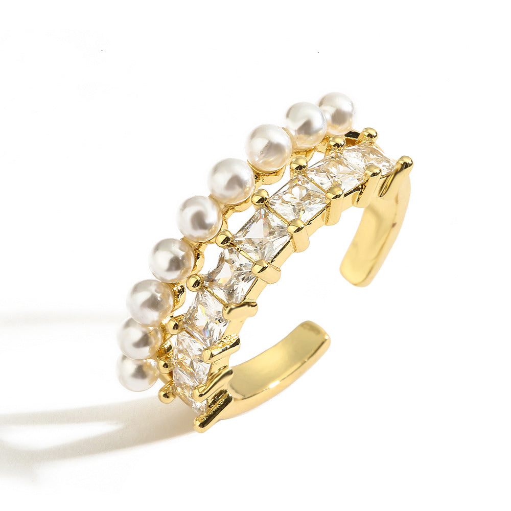 Copper-Plated Real Gold Geometric Zircon Pearl Ring – High-End Women’s Fashion Ring