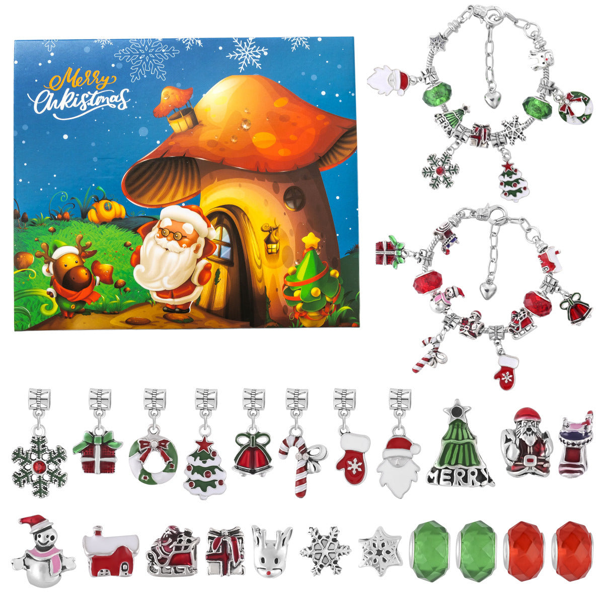 DIY Creative Children’s Bracelet Jewelry – 24-Grid Calendar Christmas Holiday Surprise Blind Box Silver Set