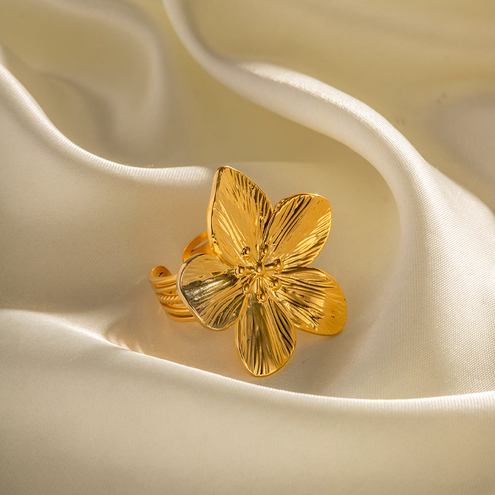 French Court Style Matte Retro Gold Stainless Steel Flower Metal Open Ring – High-End Luxury Jewelry