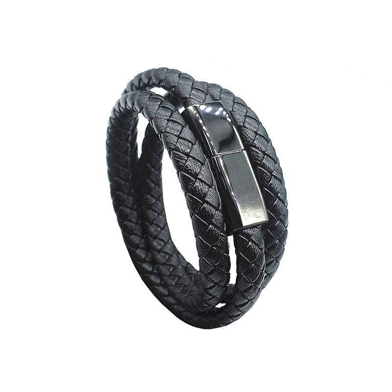 USB Leather Bracelet Charger – Men’s Stainless Steel Magnetic Fast Charging Punk Bracelet