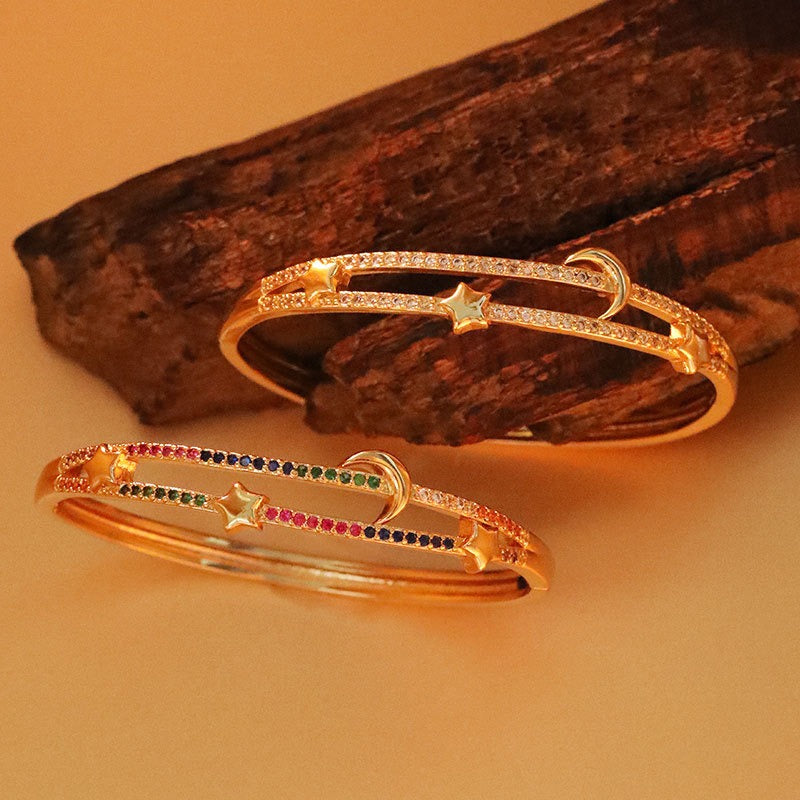 Copper Plated 18K Gold Micro Inlaid Zircon Moon Star Bracelet – Luxury Electroplated Jewelry Gift for Women