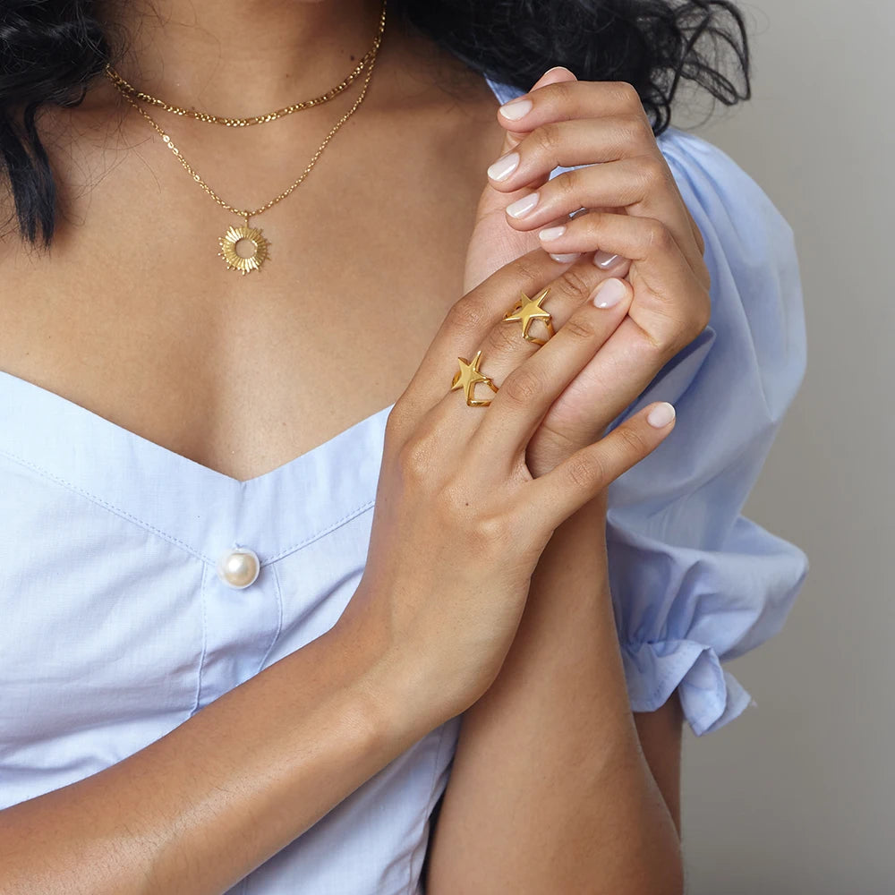Star Rings for Women – Trendy 18K Gold Plated Stainless Steel Geometric Titanium Fashion Jewelry