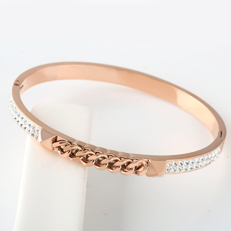 Rose Gold Open Diamond Stainless Steel Bracelet – Korean Light Luxury Temperament Jewelry for Women