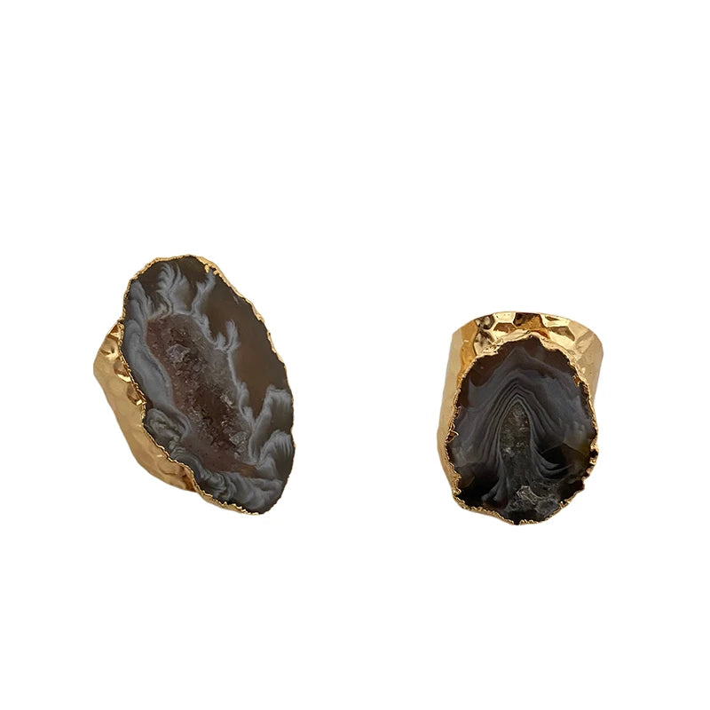 Agates Ring Slice Druzy Handmade Electroplated Goldtone Plated Natural Stone Ring from Brazil