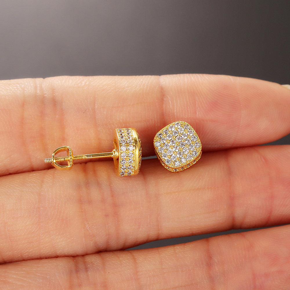 Full Zircon Threaded Earrings – Hip Hop Geometric Gold-Plated Jewelry for Women