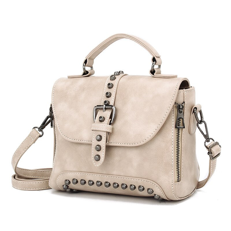 White Vintage Oil Leather Luxury Handbags – Designer Crossbody & Rivet Small Handbag for Women