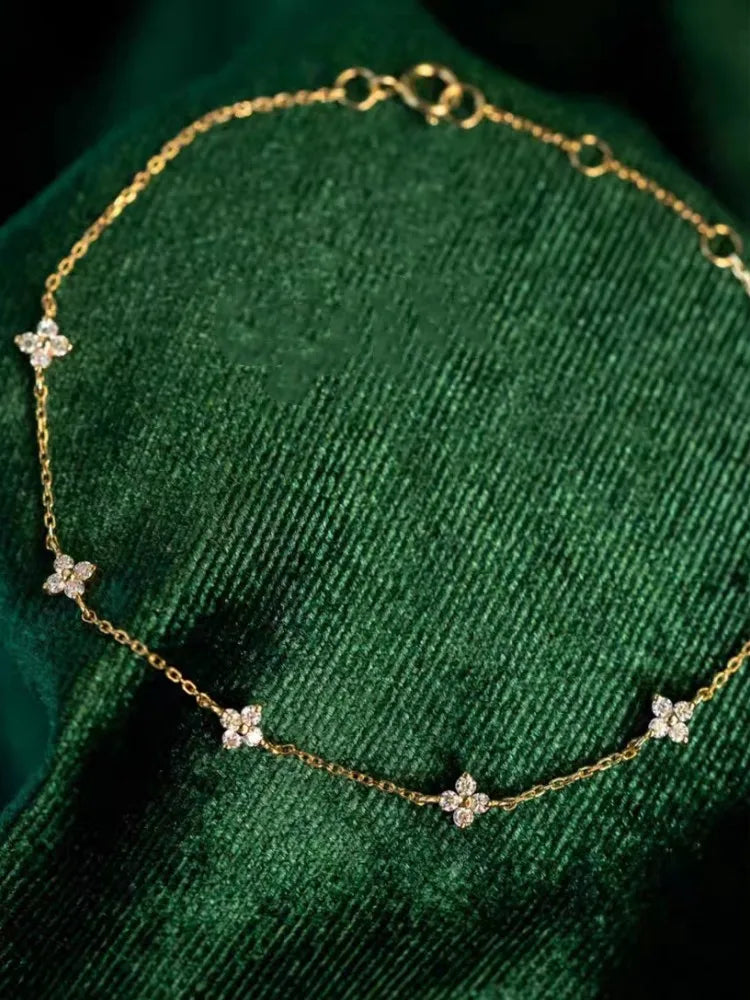 925 Sterling Silver Zircon Bracelet – Five Small Flower Gold & Silver Party Wedding Jewelry