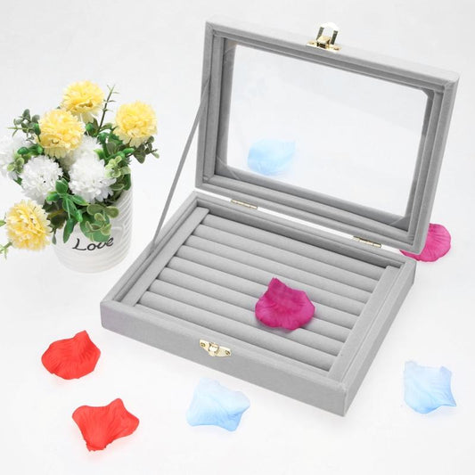 8 Booths Velvet Glass Cover Jewelry Ring Display Box – Elegant Storage for Rings