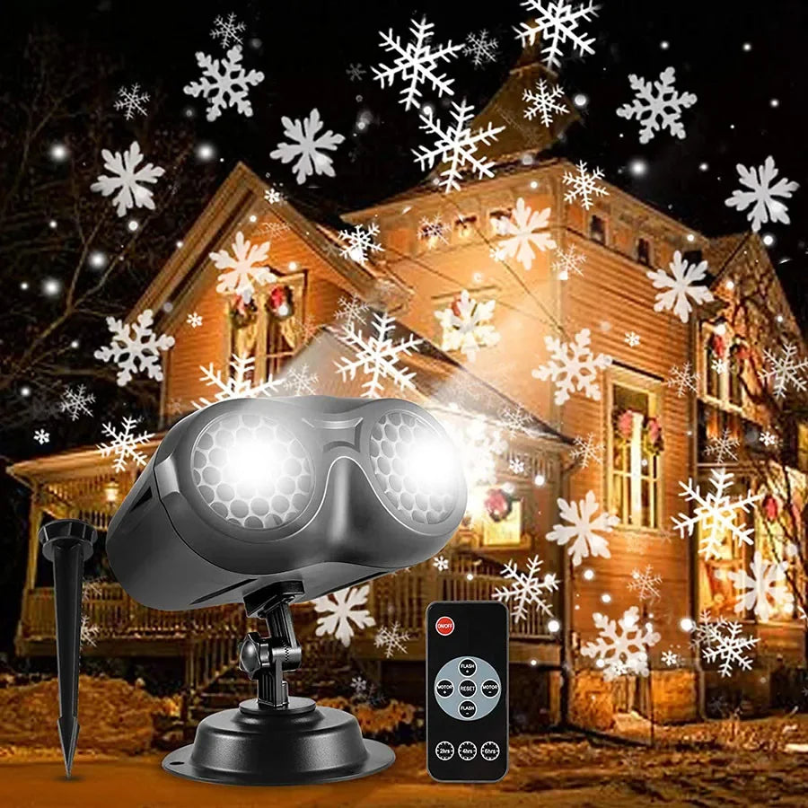 Double-Head Christmas Snowfall Projector Light – Rotating Snowflake Projector Lamp for Outdoor Holiday Party Decoration