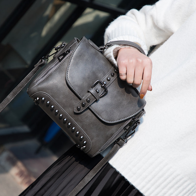 White Vintage Oil Leather Luxury Handbags – Designer Crossbody & Rivet Small Handbag for Women