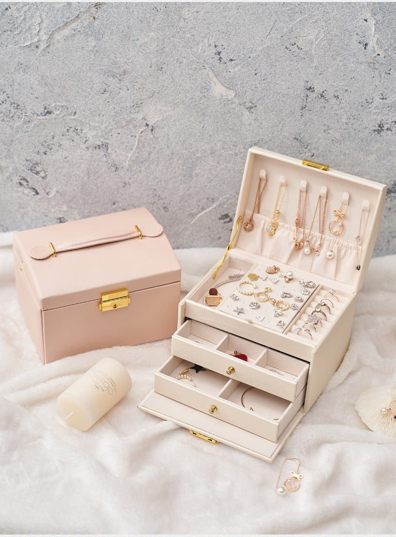 Luxury Three Layer Leather Drawer Jewelry Box with Lock – Elegant Earring & Stud Organizer